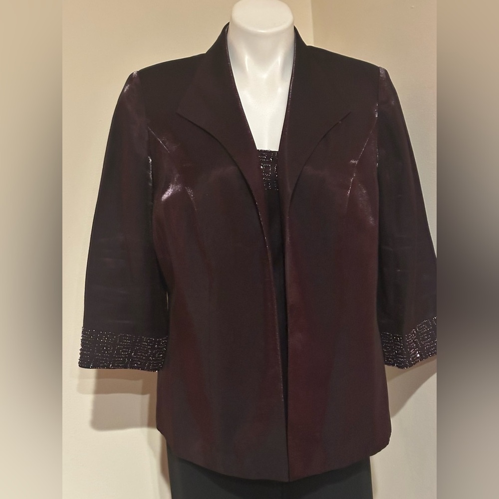 ALEX EVENINGS Eggplant Purple Satin Beated Top & No Button Open Jacket Set Sz LP